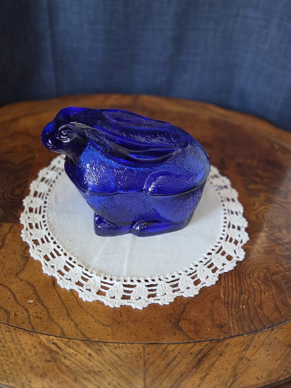 Vintage Cobalt Blue Glass Rabbit Bunny Covered Dish / Candy Dish *See Pics*